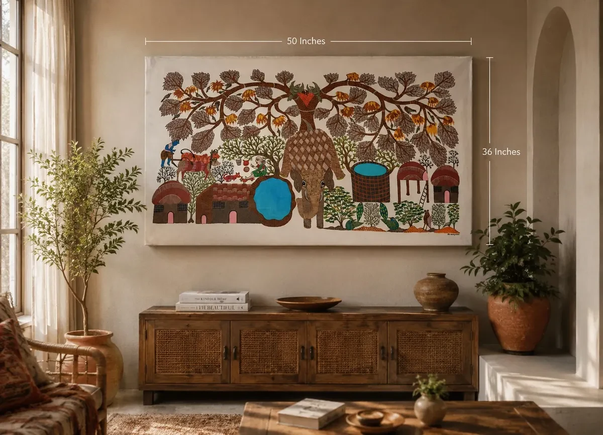 MP Handpainted Gond Art Elephant Tree of Life Painting – Traditional Tribal Folk Wall Art (50 × 36 Inches)
