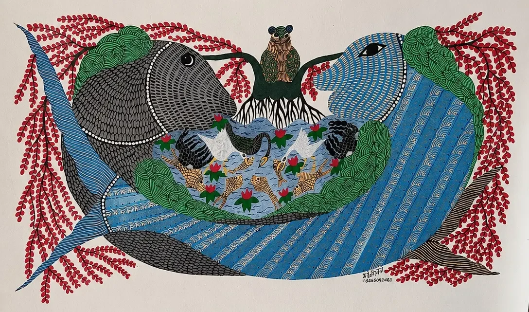 MP Handpainted Gond Art Fish Wall Painting – Traditional Tribal Acrylic Canvas Art (50 × 36 Inches)