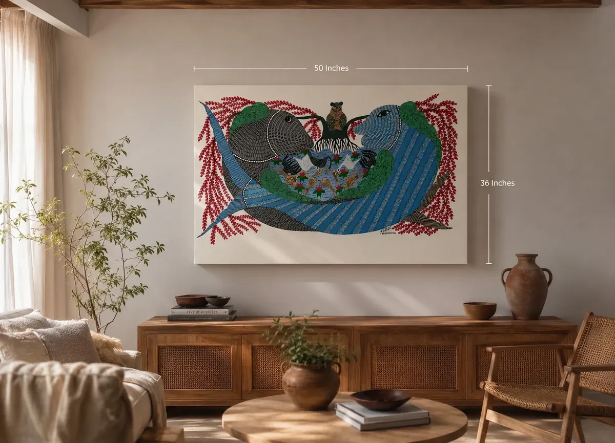 MP Handpainted Gond Art Fish Wall Painting – Traditional Tribal Acrylic Canvas Art (50 × 36 Inches)