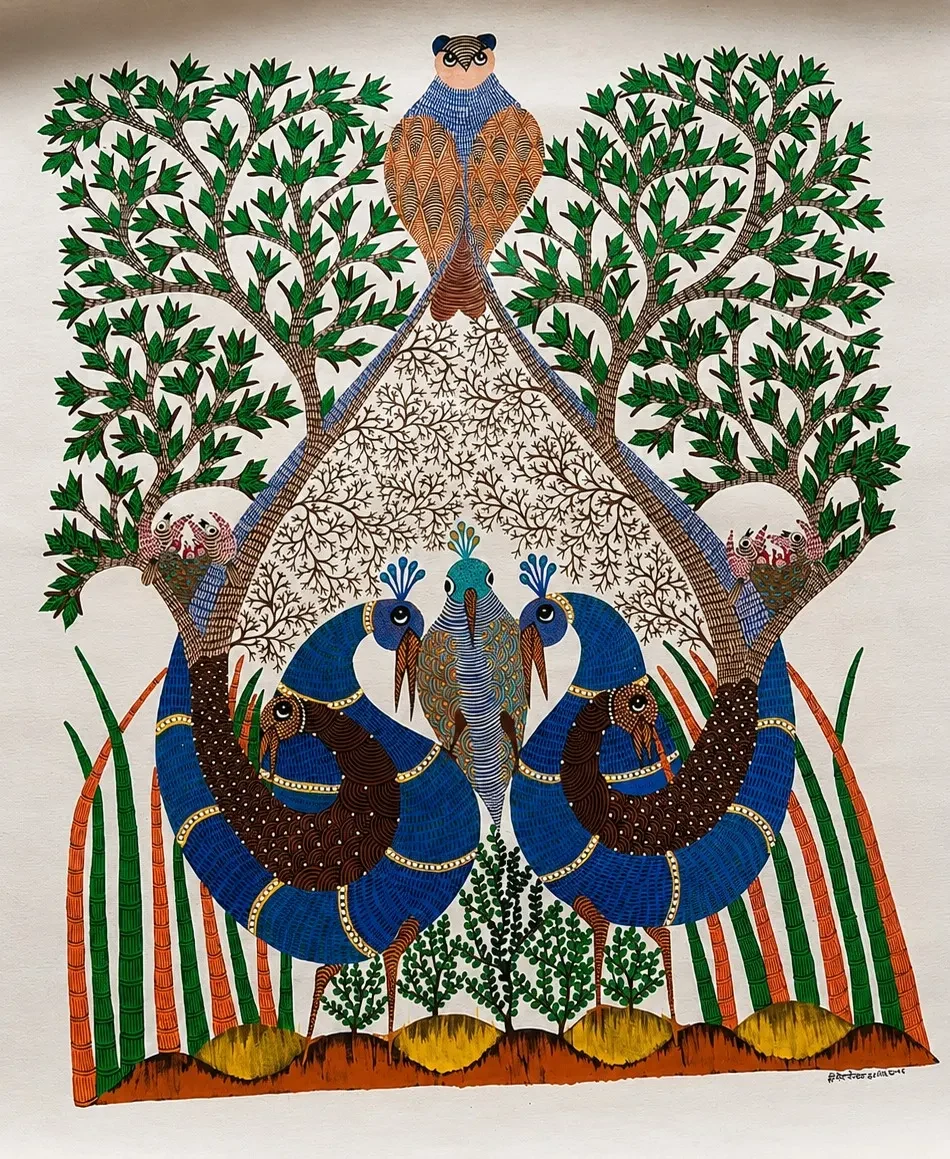 MP Handpainted Gond Art Peacock Family Painting – Traditional Tribal Folk Wall Art (22 × 28 Inches)