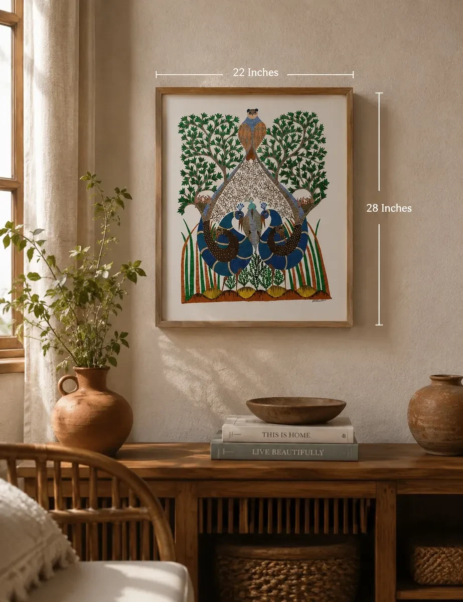 MP Handpainted Gond Art Peacock Family Painting – Traditional Tribal Folk Wall Art (22 × 28 Inches)