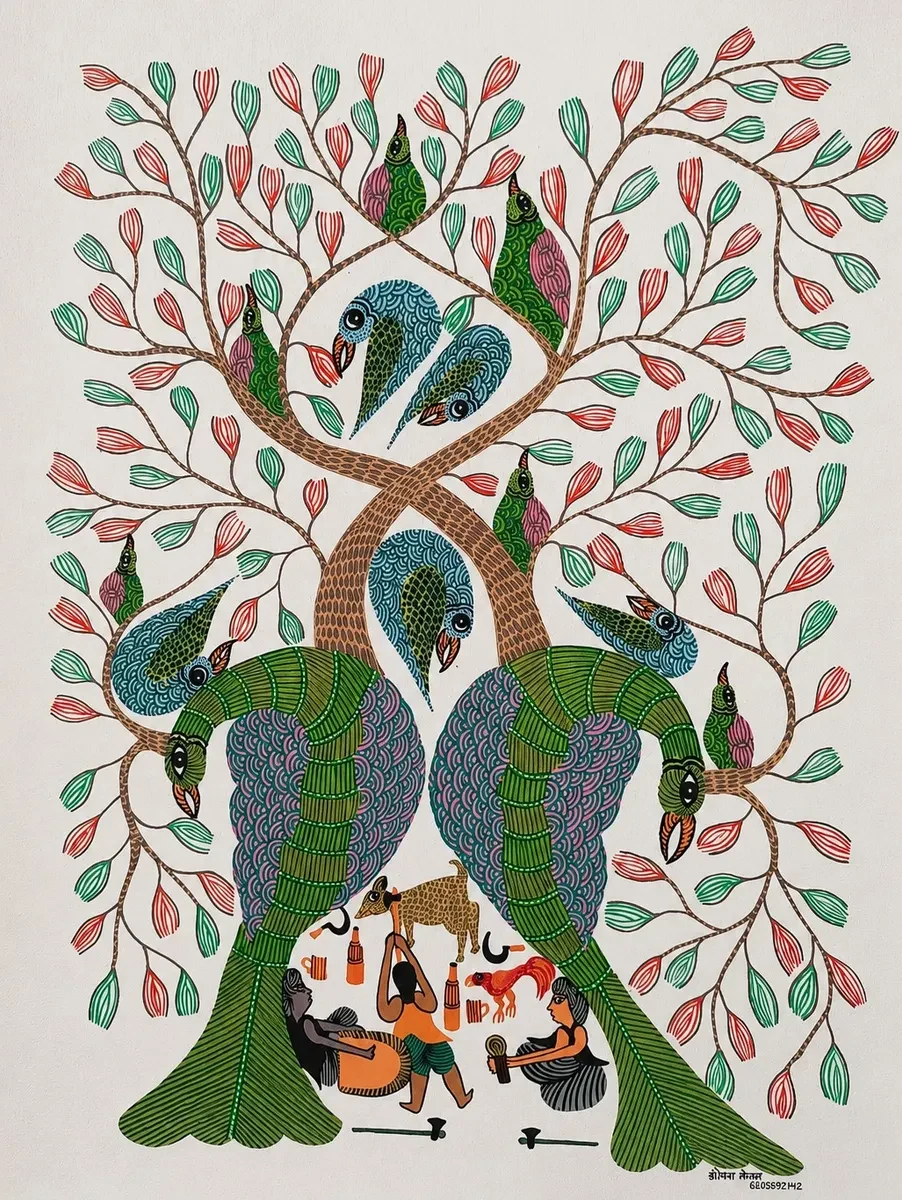 Handpainted Gond Art Peacock Tree Painting – Traditional Tribal Folk Canvas Art (22 × 28 Inches)