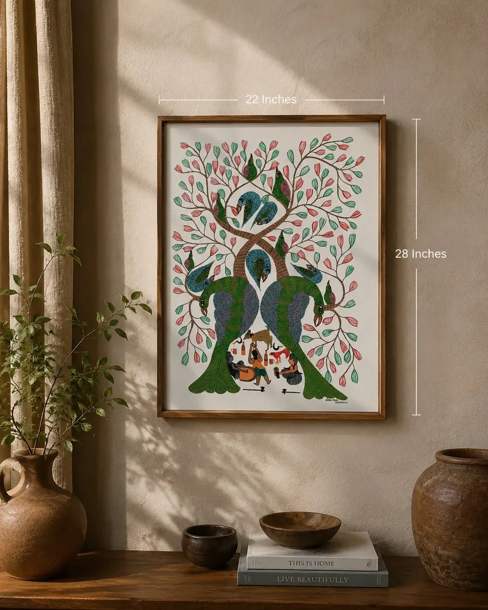 Handpainted Gond Art Peacock Tree Painting – Traditional Tribal Folk Canvas Art (22 × 28 Inches)