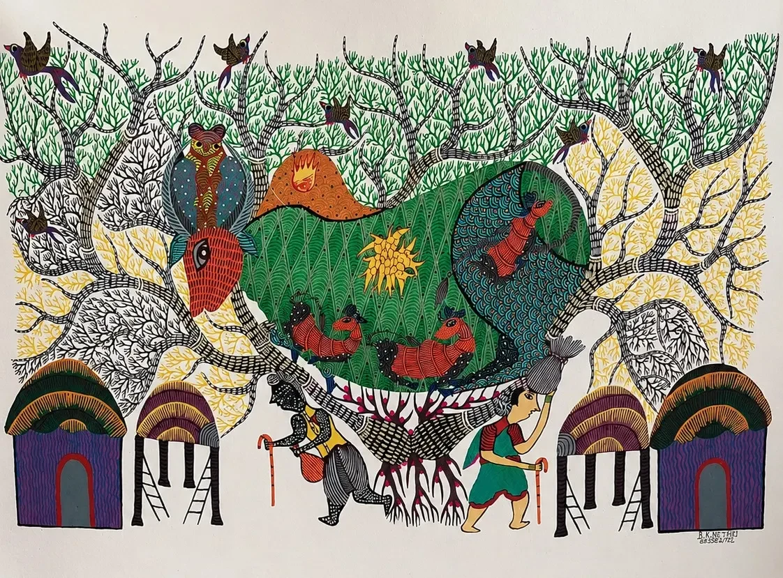 MP Handpainted Gond Art Tree of Life Painting – Traditional Tribal Folk Wall Art (50 × 36 Inches)