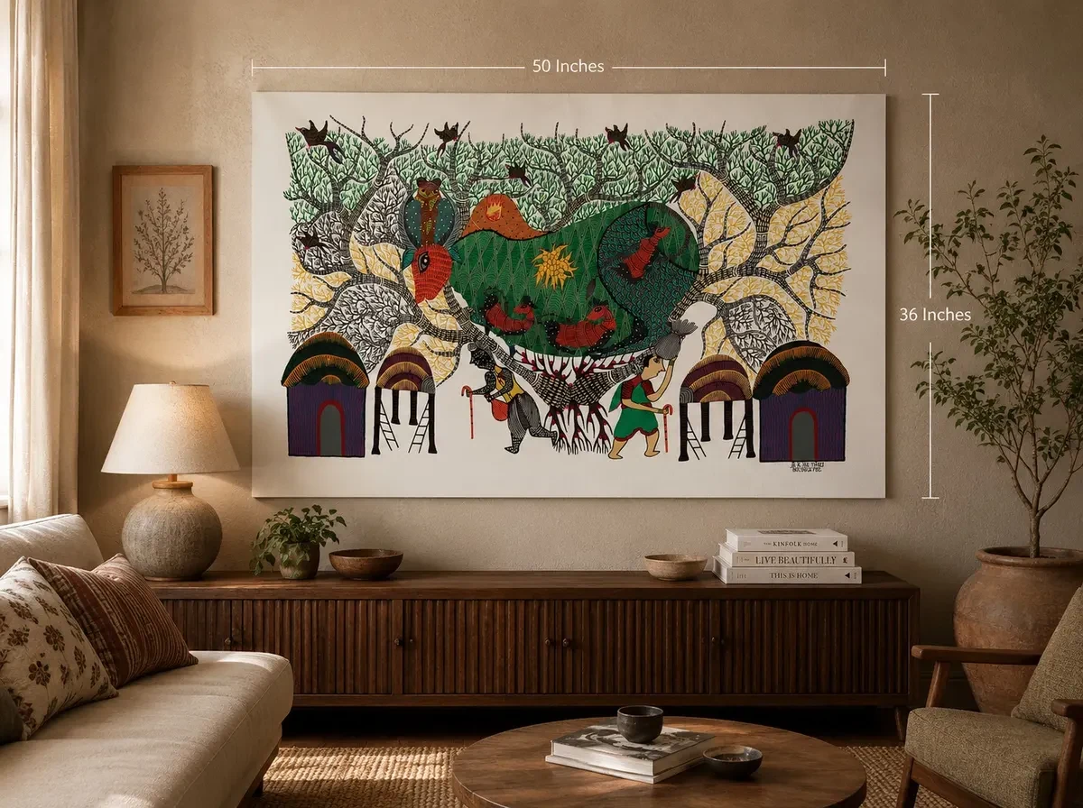MP Handpainted Gond Art Tree of Life Painting – Traditional Tribal Folk Wall Art (50 × 36 Inches)