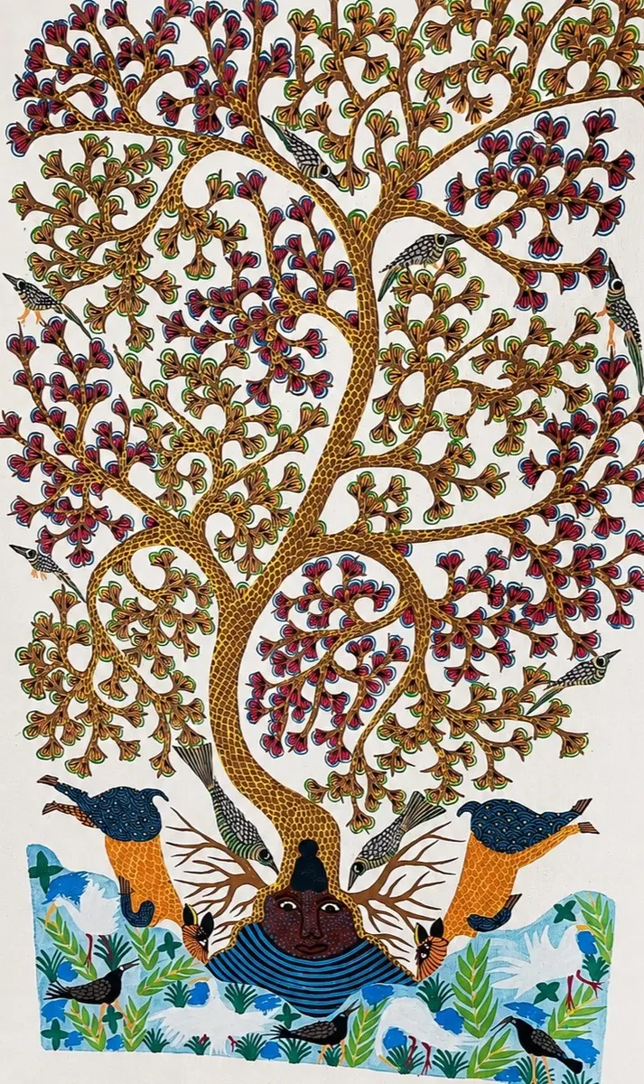 Handpainted Gond Art Tree of Life Painting – Traditional Tribal Folk Wall Art (36 × 50 Inches)