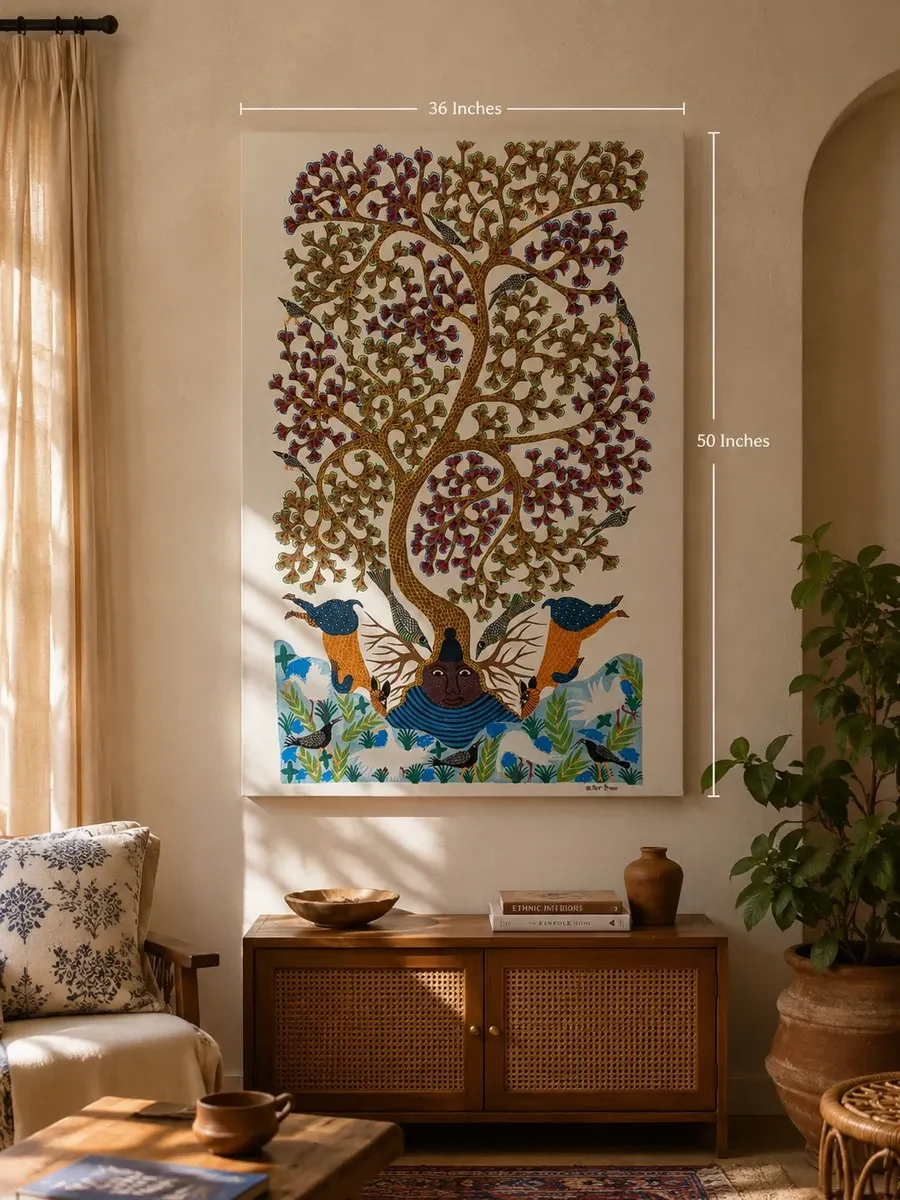 Handpainted Gond Art Tree of Life Painting – Traditional Tribal Folk Wall Art (36 × 50 Inches)