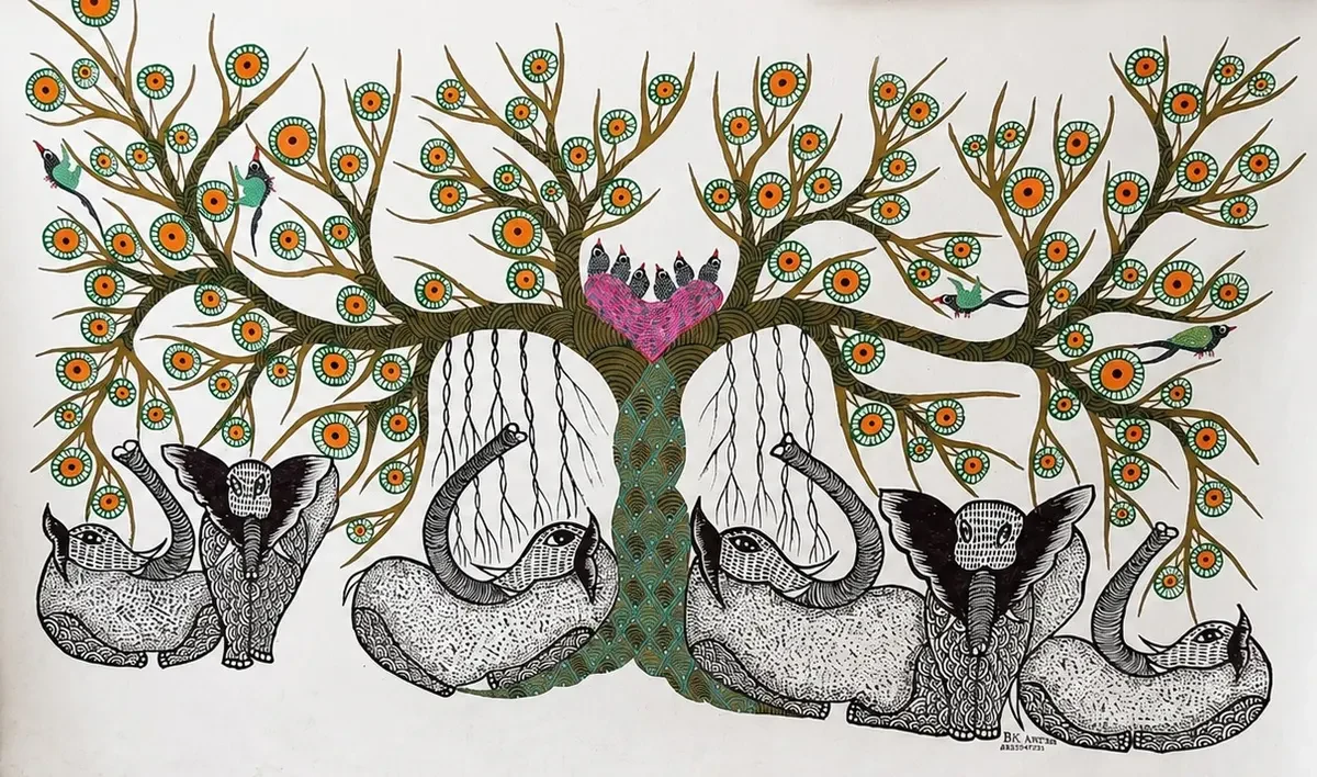 MP Handpainted Gond Art Tree of Life with Elephants – Traditional Tribal Folk Wall Art (50 × 36 Inches)