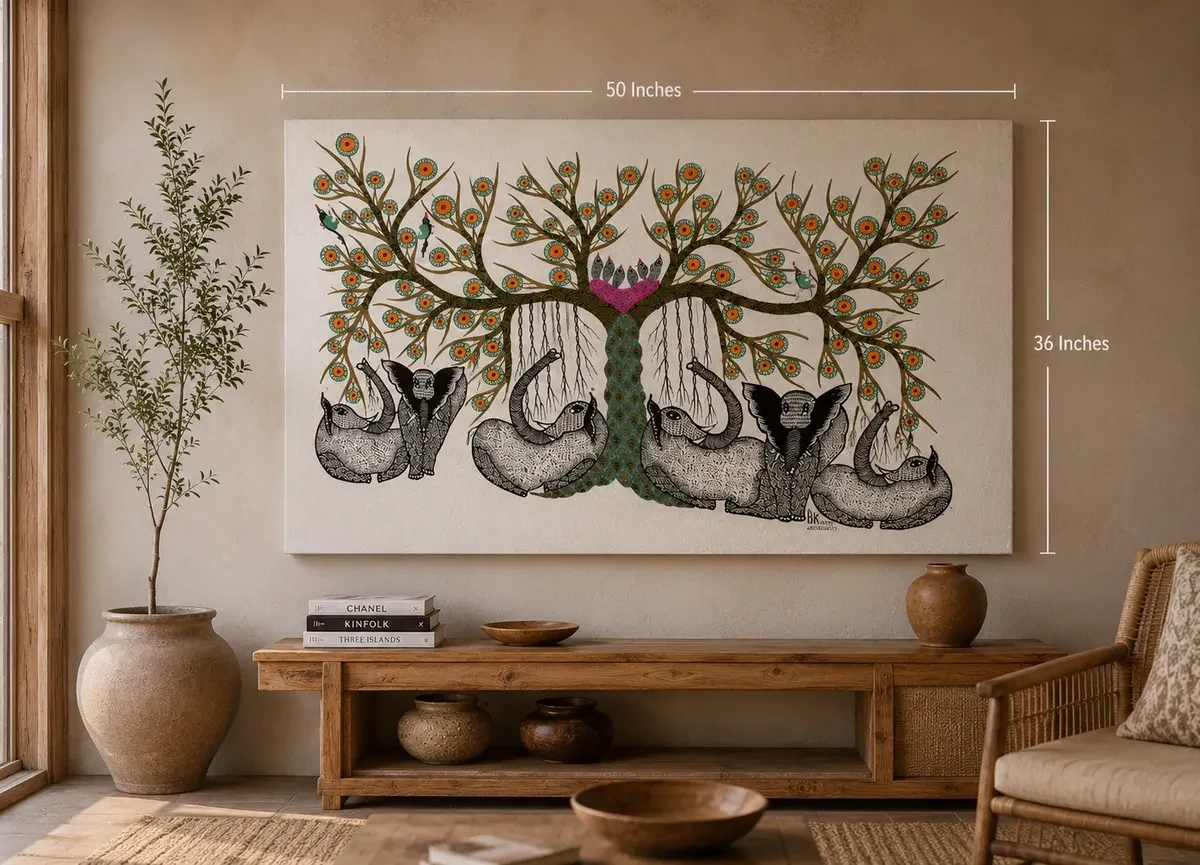 MP Handpainted Gond Art Tree of Life with Elephants – Traditional Tribal Folk Wall Art (50 × 36 Inches)
