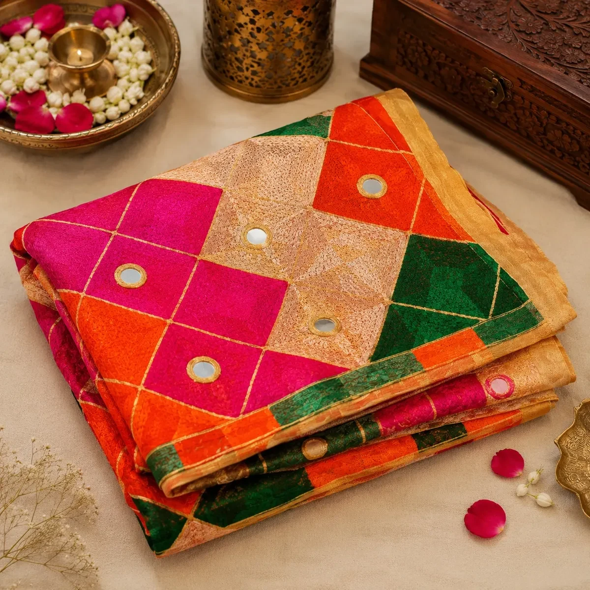 Premium Handmade Punjabi Phulkari Dupatta (Mirror Work)
