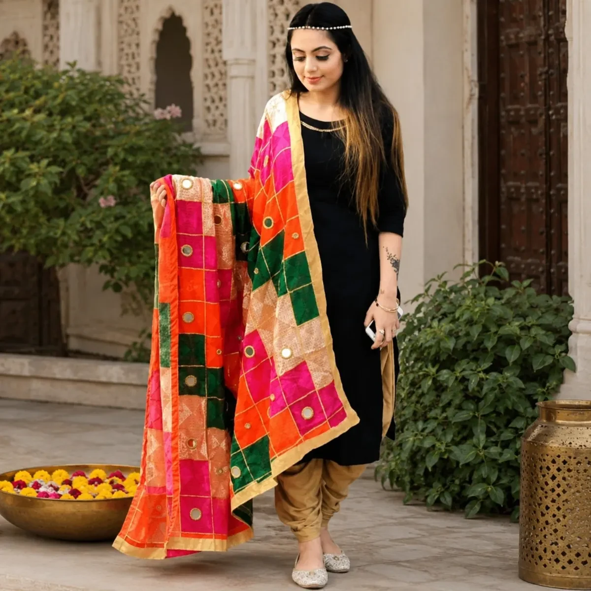 Premium Handmade Punjabi Phulkari Dupatta (Mirror Work)