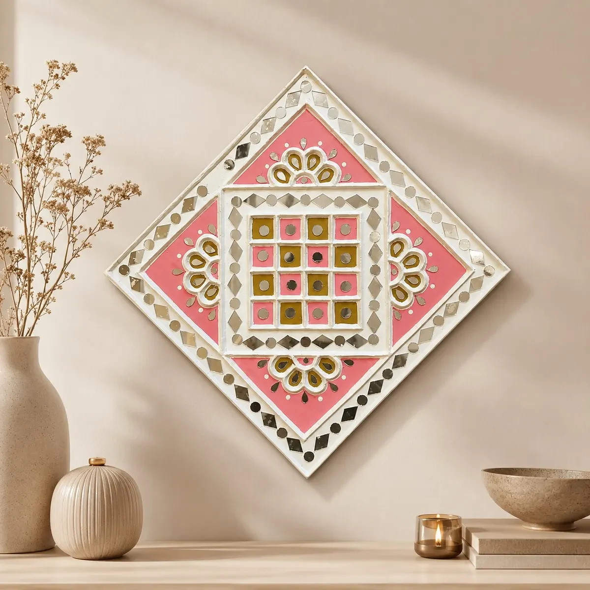 Traditional Handcrafted Pink Lippan Art Decorative Wall Hanging (12 × 12 Inch)