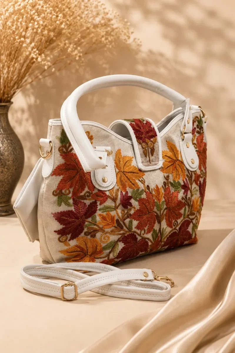 White Kashmiri Leather Shoulder Bag