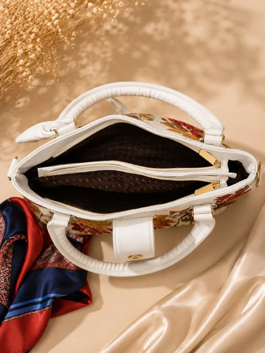White Kashmiri Leather Shoulder Bag