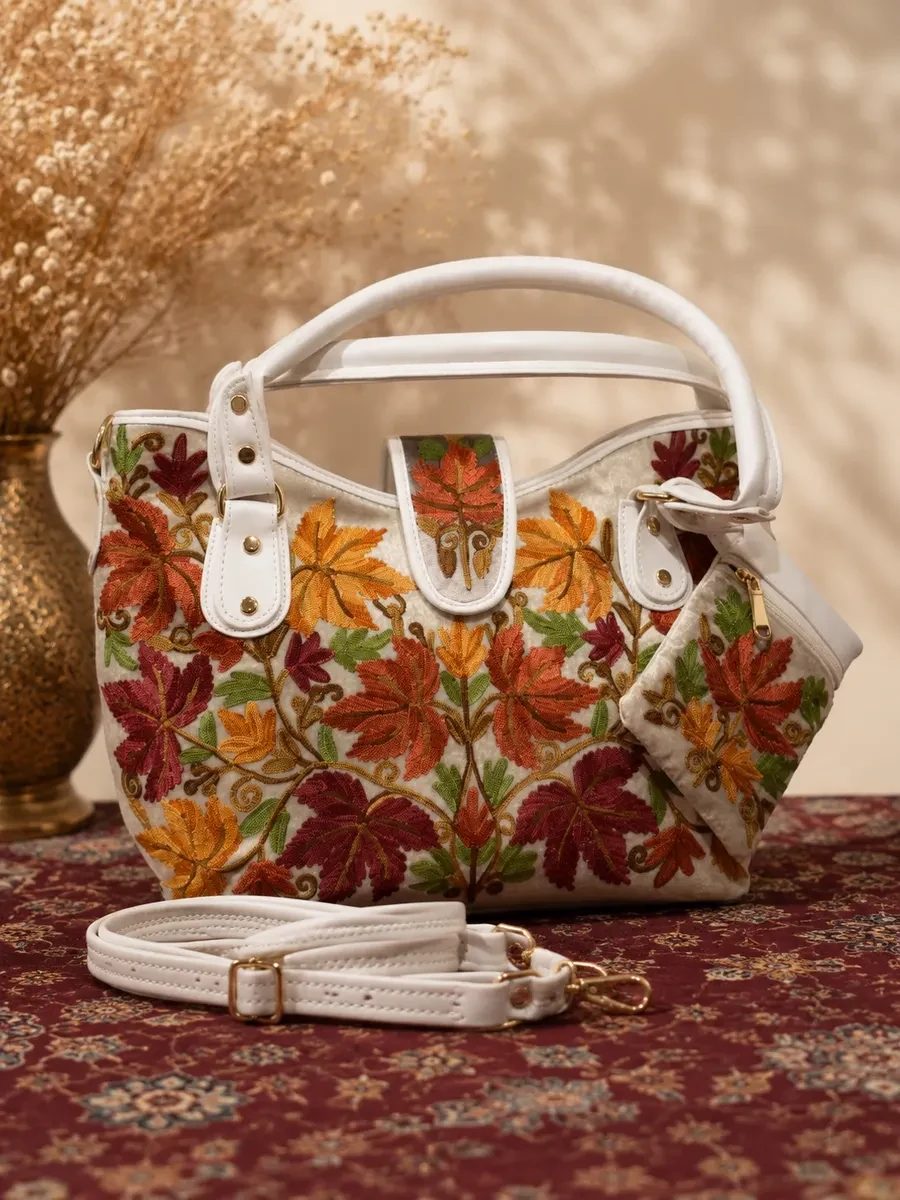 White Kashmiri Leather Shoulder Bag