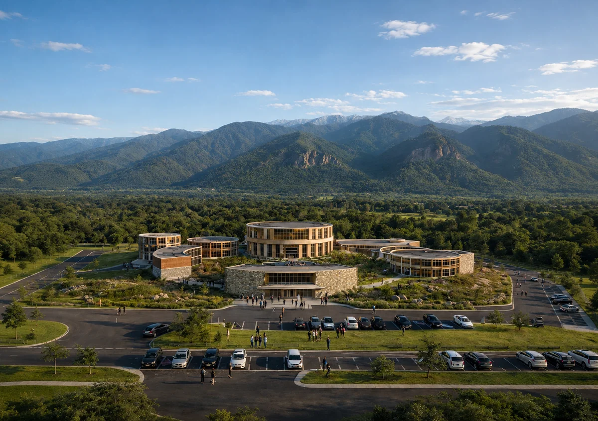 Devlok Cultural Complex: round stone-and-glass halls on the valley floor, the ranges behind
