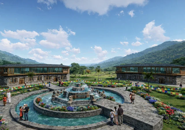 Devlok's fountain court, flower beds and prayer flags between two timber-and-stone halls
