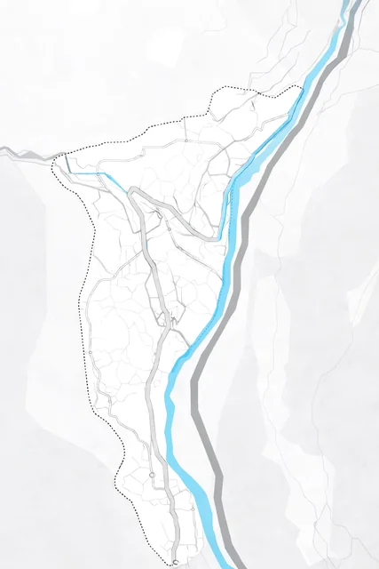 Line map of Kullu town between the hills and the Beas