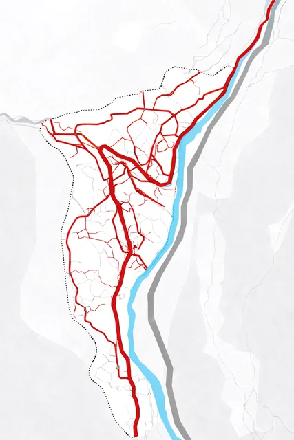 Kullu's main roads in red beside the Beas and NH-3