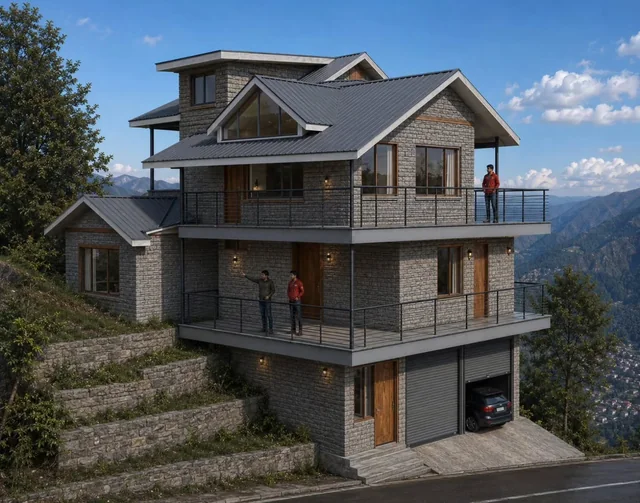 A three-storey stone house stepping down a terraced slope near Kullu