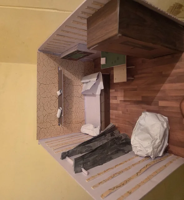 A model interior in timber and stone