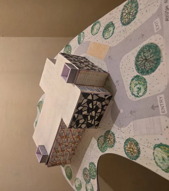 A site model with patterned blocks and paper trees