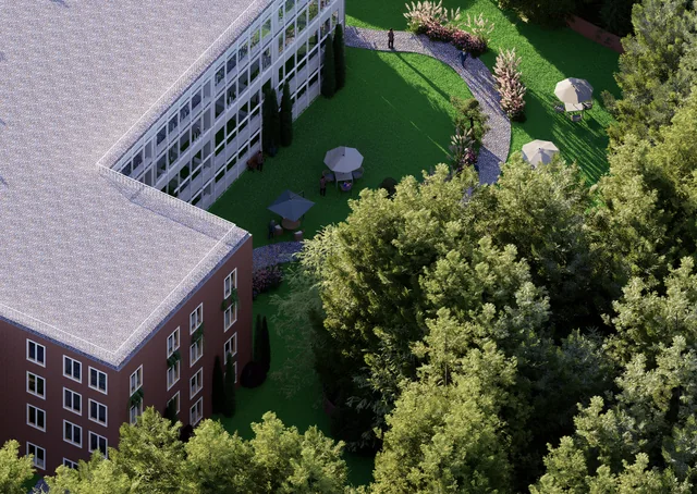 Pinecrest Offices from above, the courtyard garden between its wings