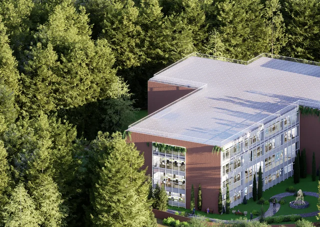 Pinecrest Offices among deodar and pine, seen from above