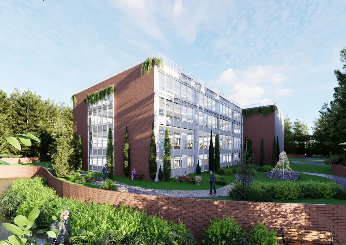 Pinecrest Offices: brick walls and glazed office floors above a terraced garden