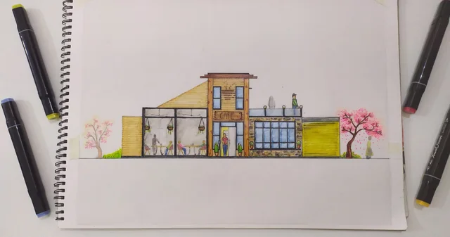 A coloured elevation sketch of a house with cherry trees