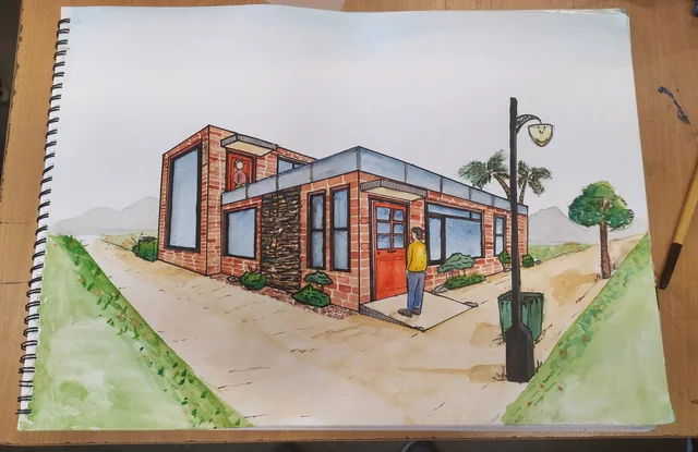 A watercolour perspective of a brick house