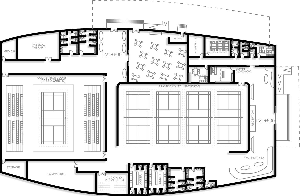Badminton stadium plan: courts, seating and changing rooms