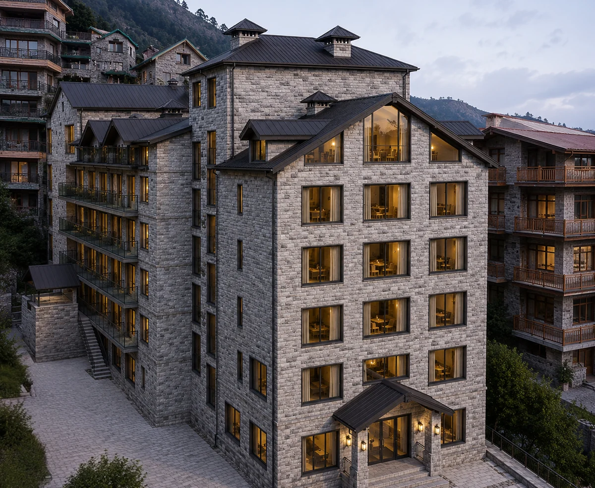 A six-storey stone hotel with dark metal roofs, lit at dusk