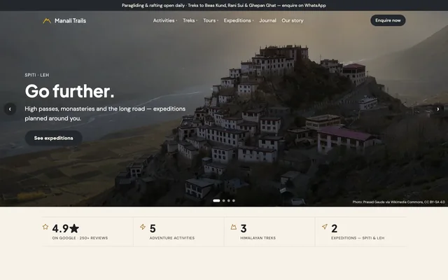 Manali Trails Adventure: the home page on a laptop