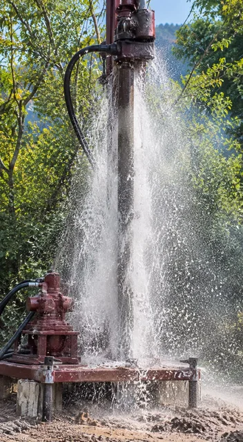 Water spraying up around the drill rod of the portable rig